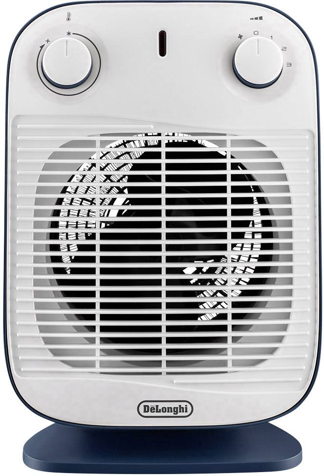 Elektrický topný ventilátor se dvěma otočnými ovladači nahoře, mřížkou ventilátoru vpředu, v kompaktním provedení, vhodný pro vytápění místností.