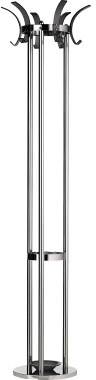 Moderní kovový věšák na oblečení s několika háčky nahoře. Stojí na kulatém podstavci a má minimalistický design.