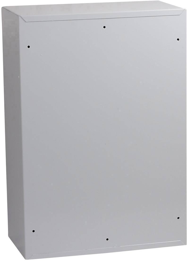 Kovová rozváděčová skříň s hladkým povrchem, obdélníkového tvaru, bez viditelných značek nebo popisků, určená pro elektrotechnické instalace.