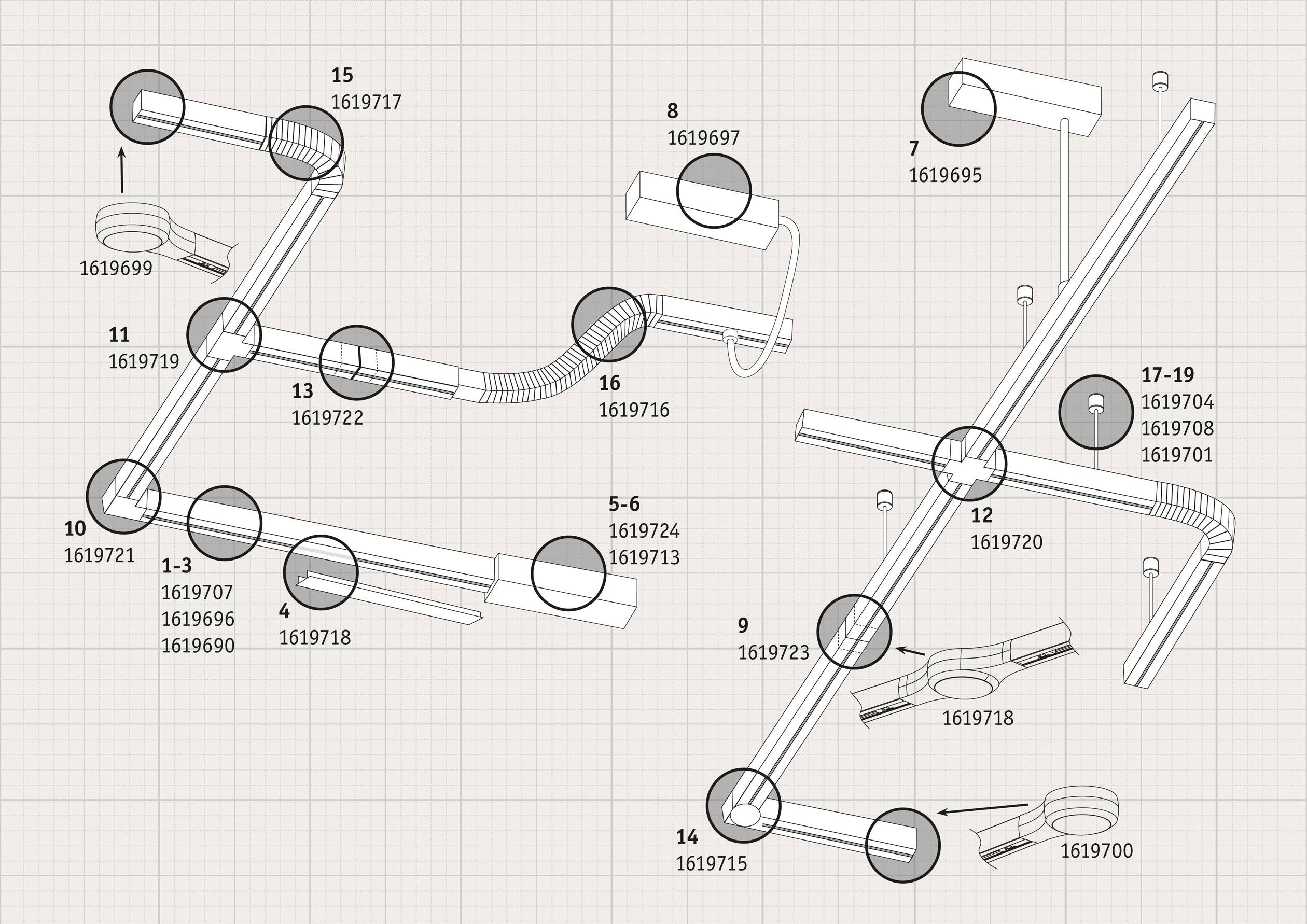 Zobrazuje diagram potrubního systému s očíslovanými komponenty a popiskami, např. křížení, oblouky a spoje.