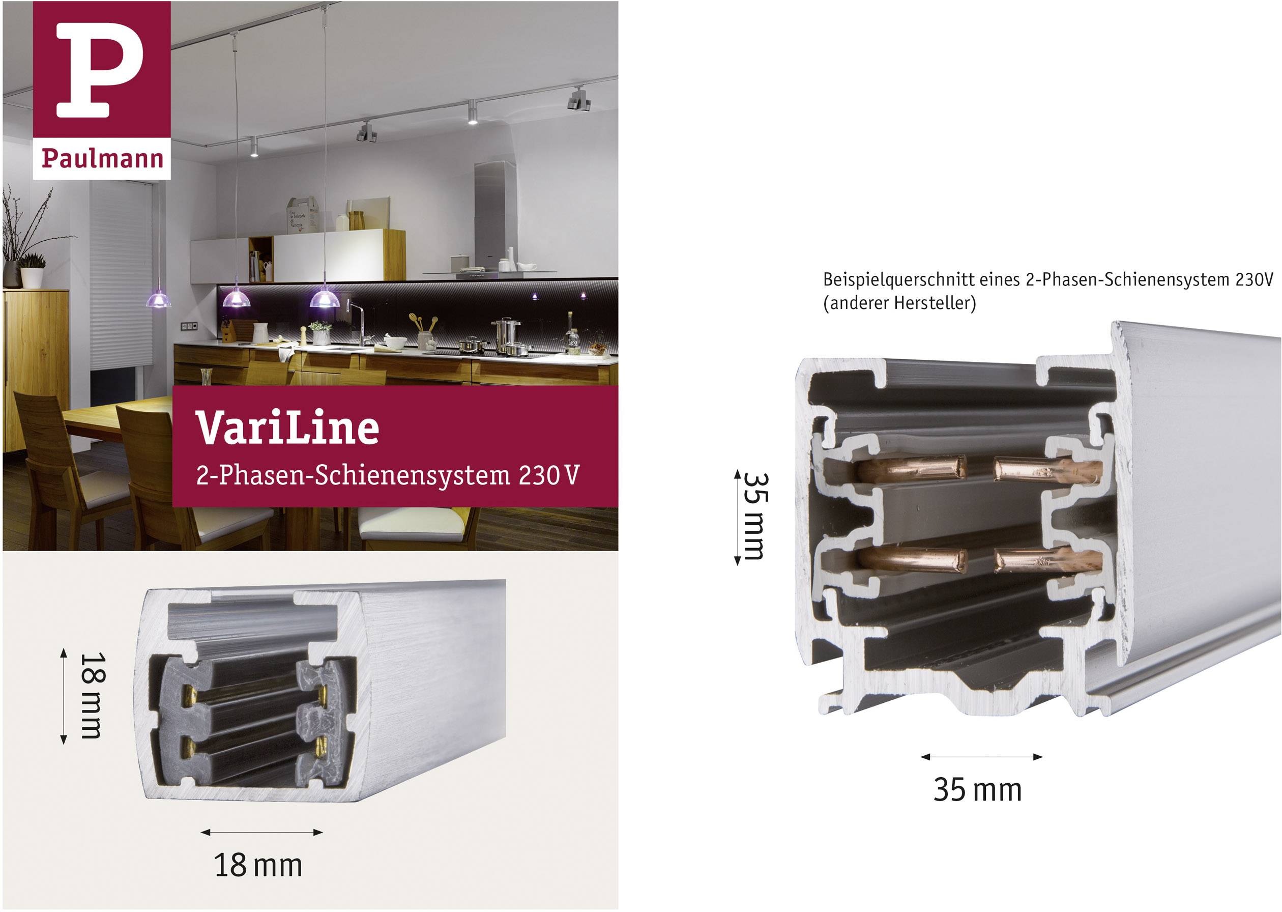Řez dvouvodičové sběrnice 230V s rozměry: šířka 18 mm, výška 35 mm. V pozadí kuchyňská instalace.