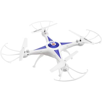 Bílý kvadrokoptérový dron s modrými detaily a ochrannými oblouky na vrtulích.