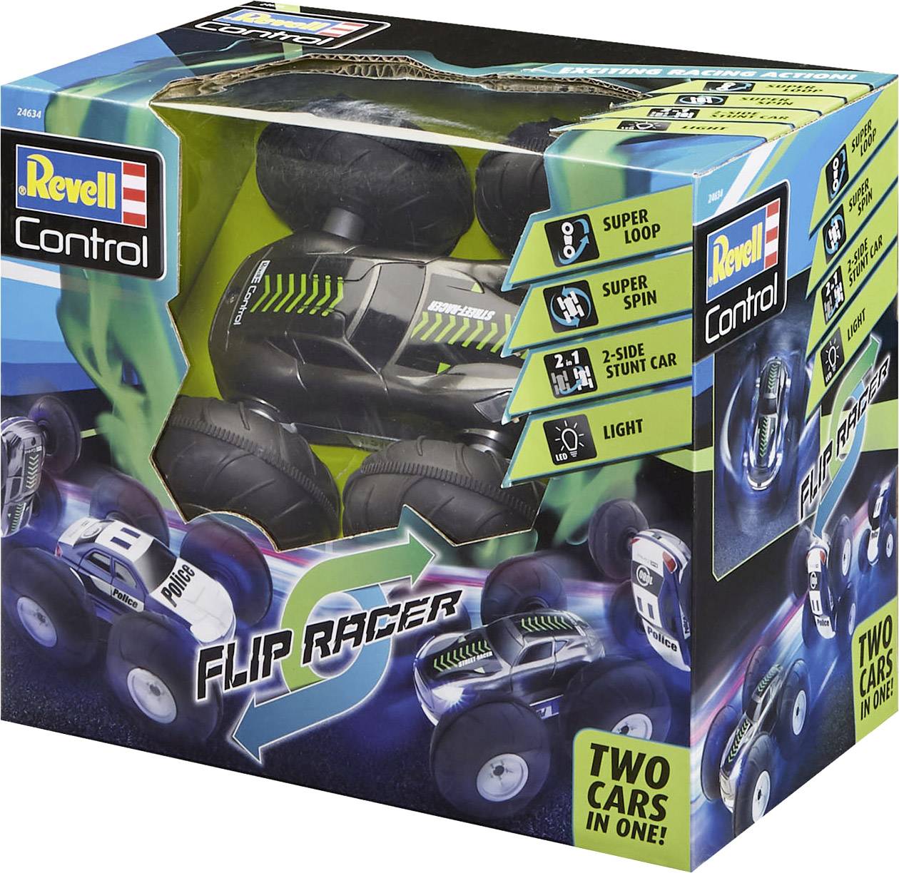 Obal hračky od Revell Control s rádiem řízeným autem schopným provádět salto a otočky. Model: 'Flip Racer'.