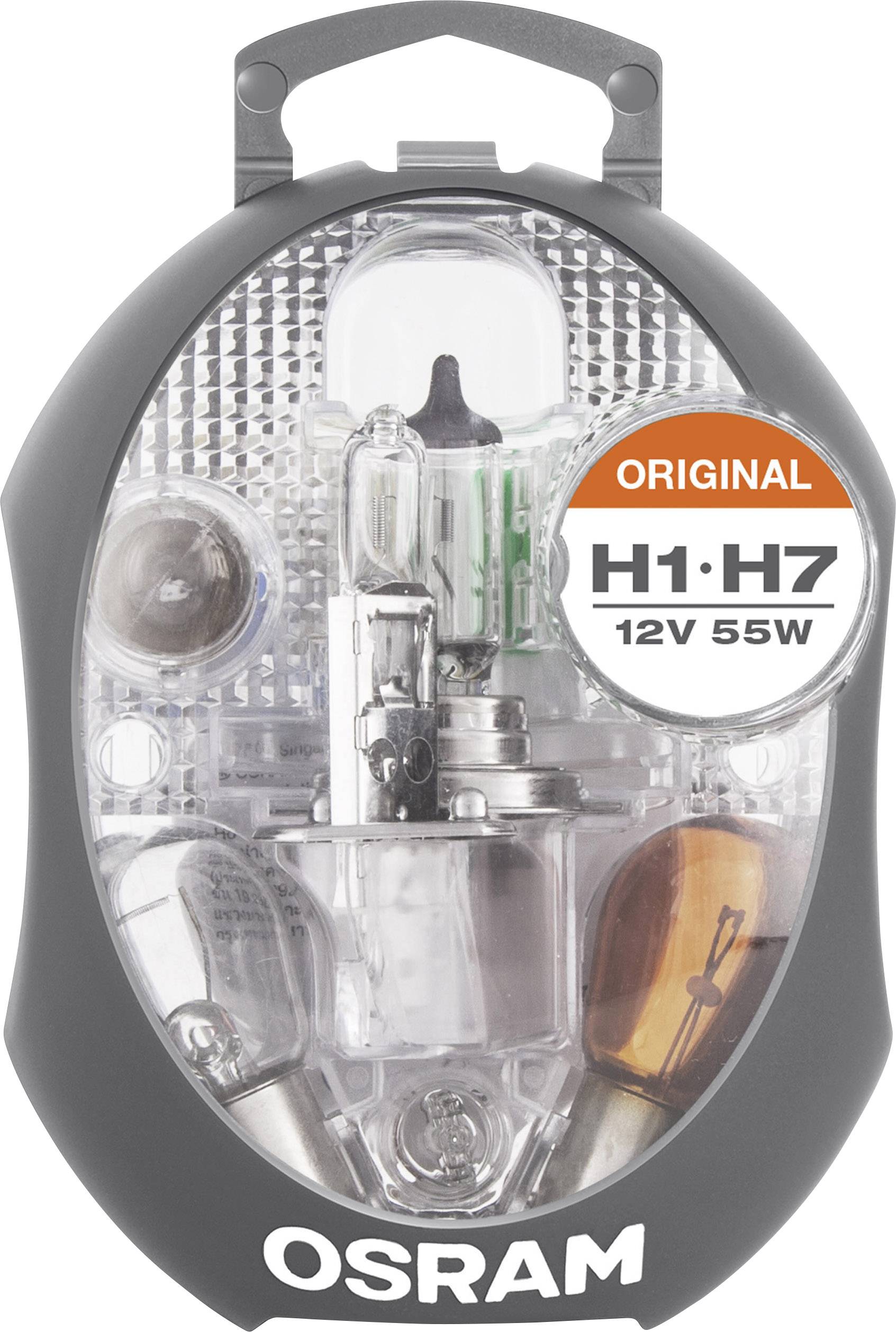 Náhradní sada žárovek Osram v oválném balení. Obsahuje H1 a H7 žárovky, 12V 55W, s oranžovou nálepkou 'Original'.