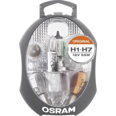 Náhradní sada žárovek Osram v oválném balení. Obsahuje H1 a H7 žárovky, 12V 55W, s oranžovou nálepkou 'Original'.