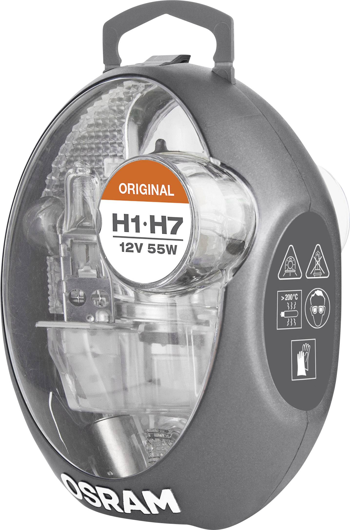 Balení žárovek OSRAM, obsahuje halogenové žárovky H1 a H7 pro automobily, 12V 55W, v oválném pouzdře s rukojetí, produktové detaily jsou viditelné.