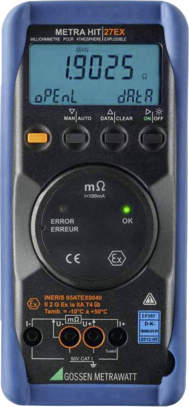 Multimetr 'Metra Hit 27EX' s digitálním displejem, zobrazuje '1.9025'. Funkce: Data, Auto, indikace chyby/Error, certifikace CE.