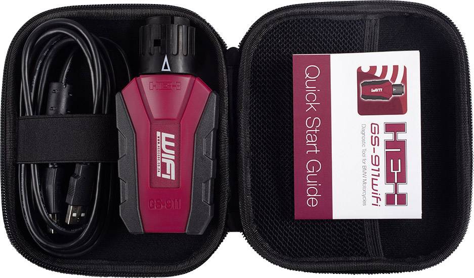 Červený diagnostický nástroj pro motocykly s USB kabelem v černém pouzdře. Vedle leží příručka 'Quick Start Guide'.