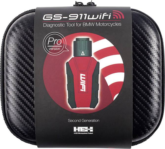 'GS-911wifi Pro verze' Diagnostický nástroj pro motocykly BMW v pouzdře. Zobrazuje přístroj na červeném pozadí, vhodný pro údržbu.