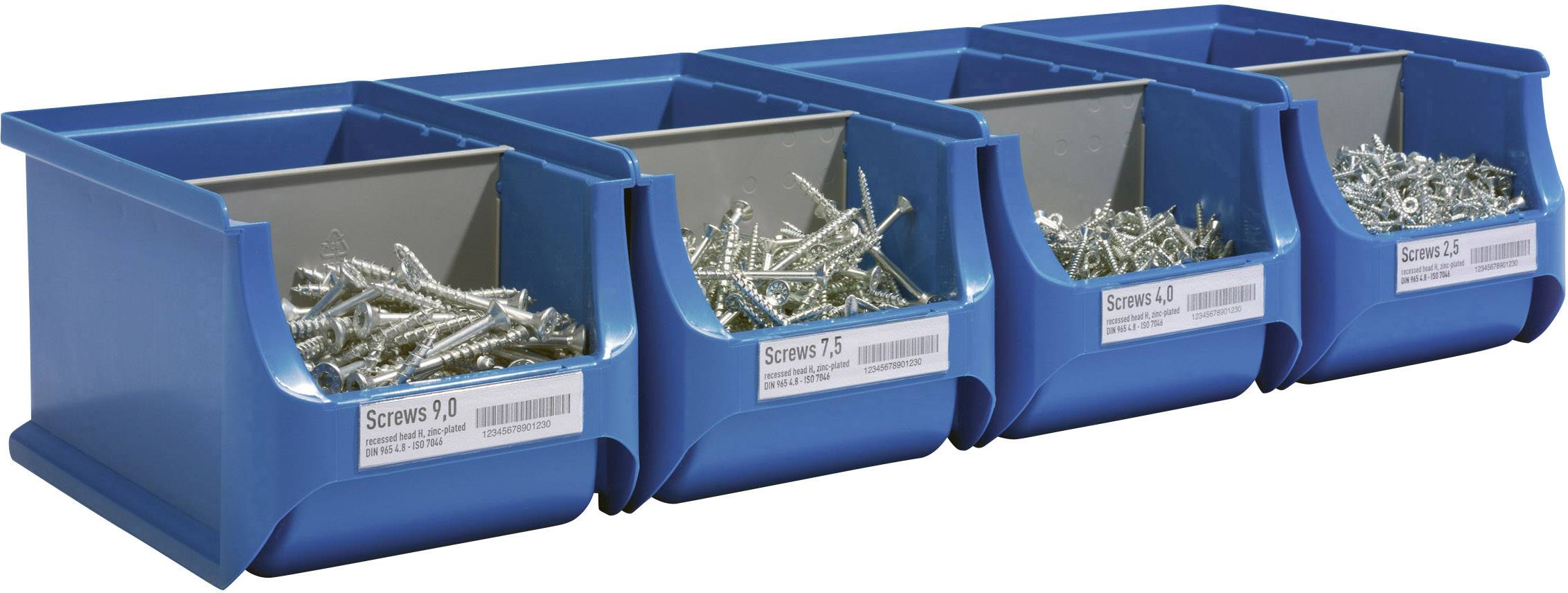 Čtyři modré úložné boxy se šrouby, každý opatřený štítkem s velikostí: 'Šrouby 3.0', 'Šrouby 3.5', 'Šrouby 4.0', 'Šrouby 4.5'.