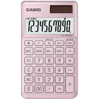 Kapesní kalkulačka Rosa od Casio, model SL-1000SC. Zobrazuje čísla od 1 do 0 na displeji. Obsahuje tlačítka pro základní funkce a daňové sazby.