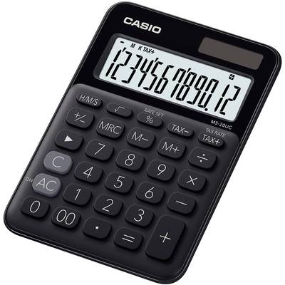 Černá kalkulačka se solárním článkem zobrazující na displeji číselnou řadu '1234567890,12'. Viditelný název značky 'CASIO'.