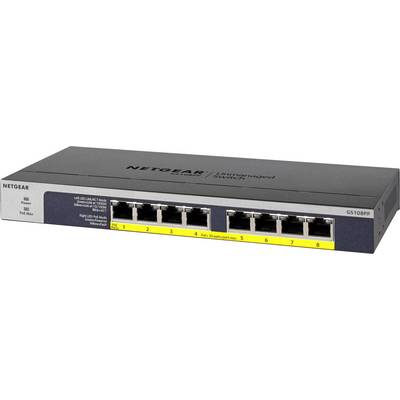 Síťový switch Netgear GS108P s osmi ethernetovými porty a LED indikátory na přední straně pro napájení, stav portů a PoE-Max.