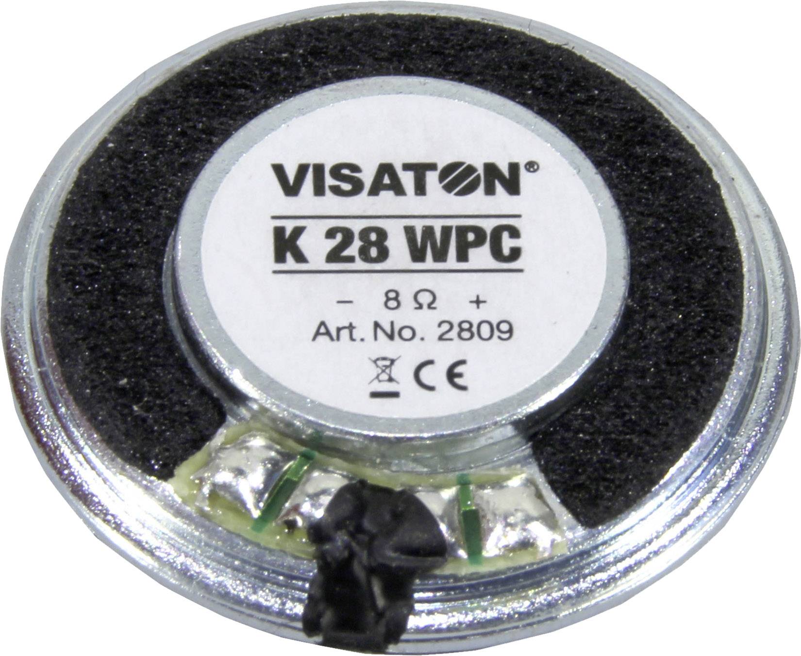 Kulatý, kovový reproduktor s nápisem 'VISATON K 28 WPC - 8 Ω'. Č. výrobku 2809, viditelné CE a recyklační symboly.