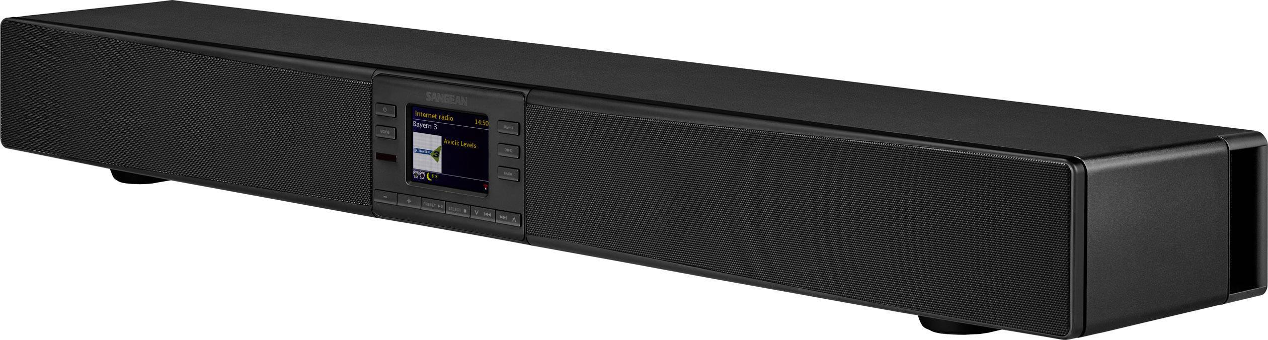 Černý soundbar s integrovaným displejem uprostřed. Displej zobrazuje různé možnosti a nastavení pro audio výstup.