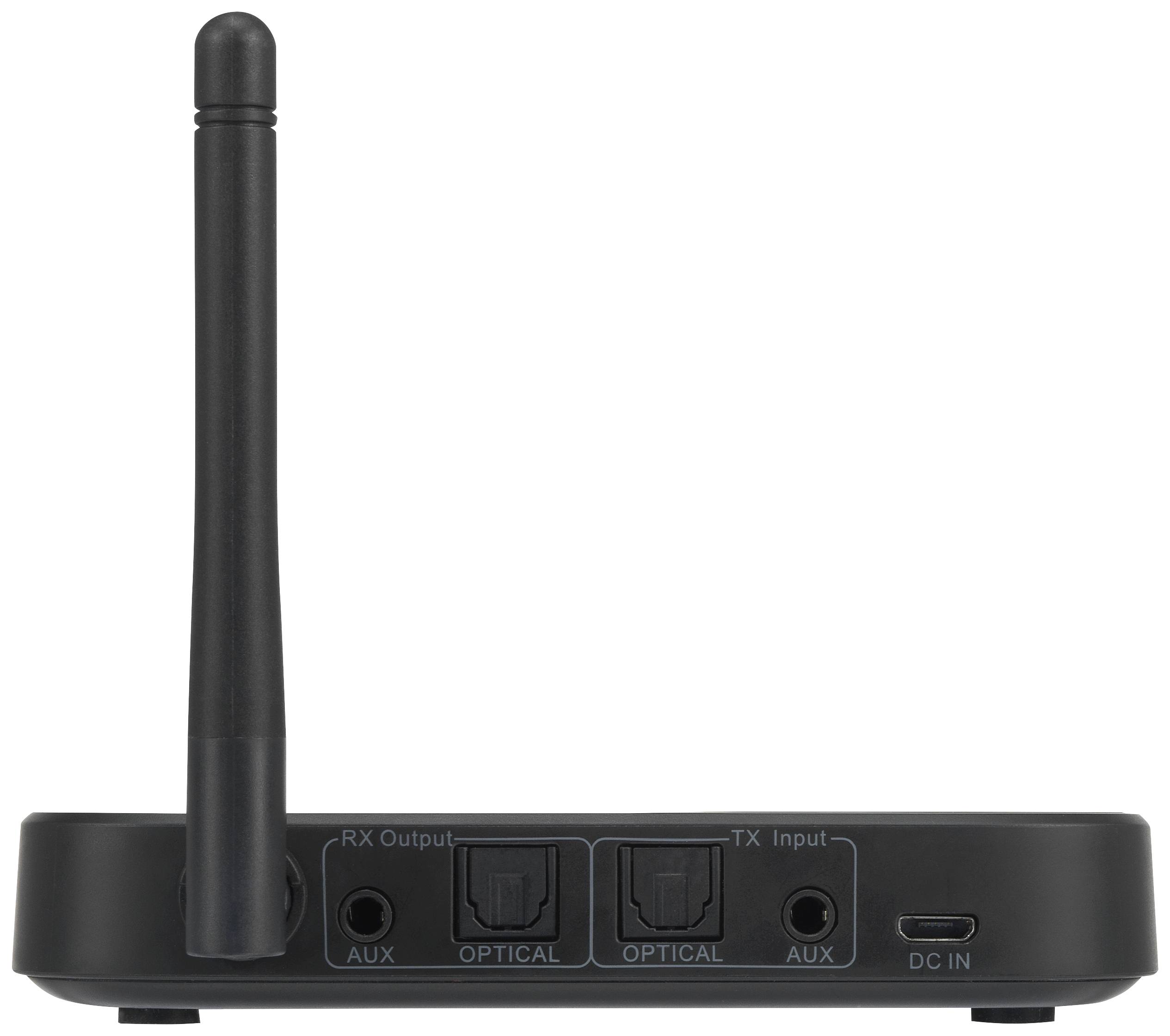 Černé elektronické zařízení s anténou, dvěma optickými konektory pro RX a TX vstup, AUX výstupem a USB-C DC vstupem.