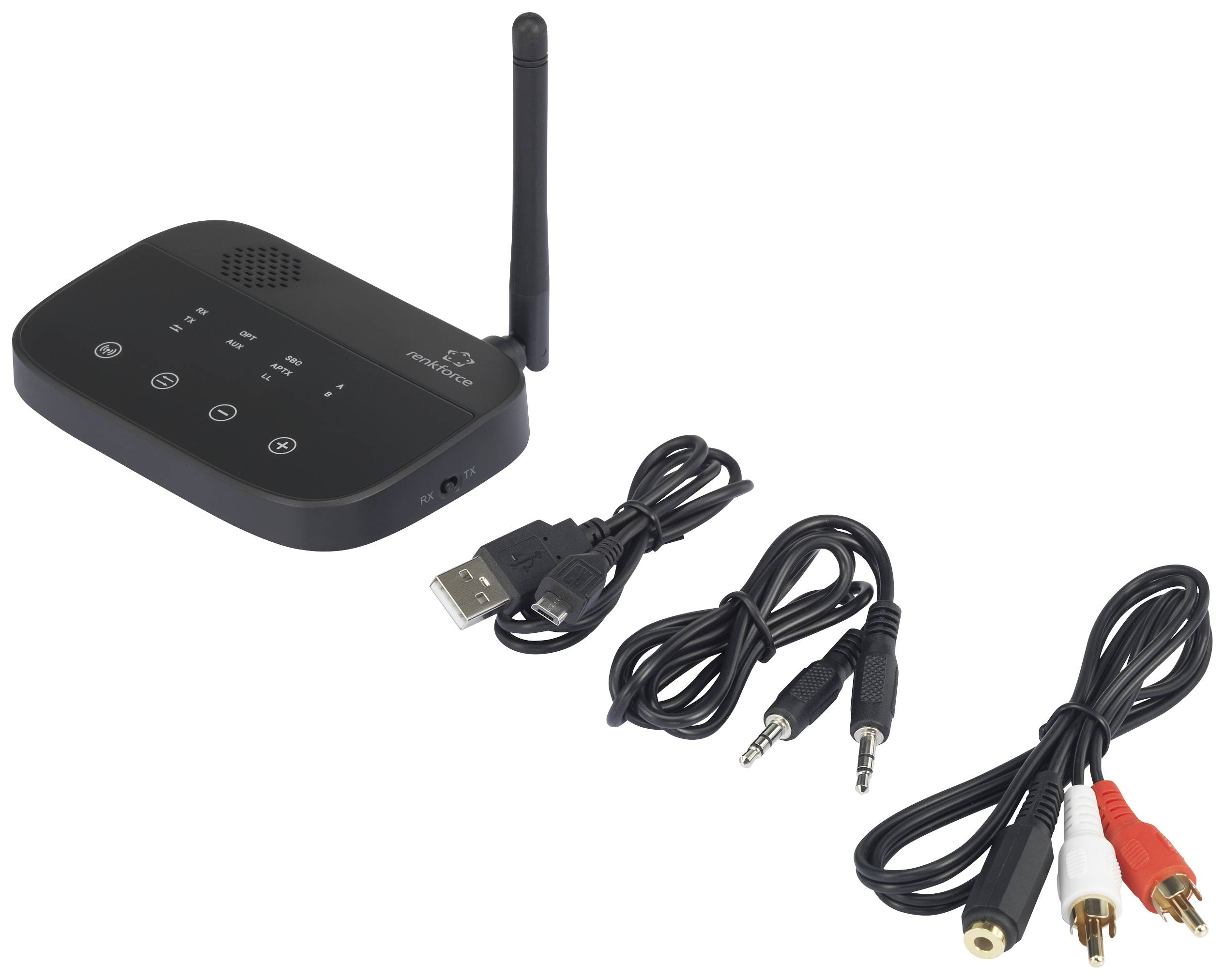 Bezdrátový audio vysílač s anténou, USB kabelem, 3,5mm audiovým kabelem a cinch kabelem na bílém pozadí.
