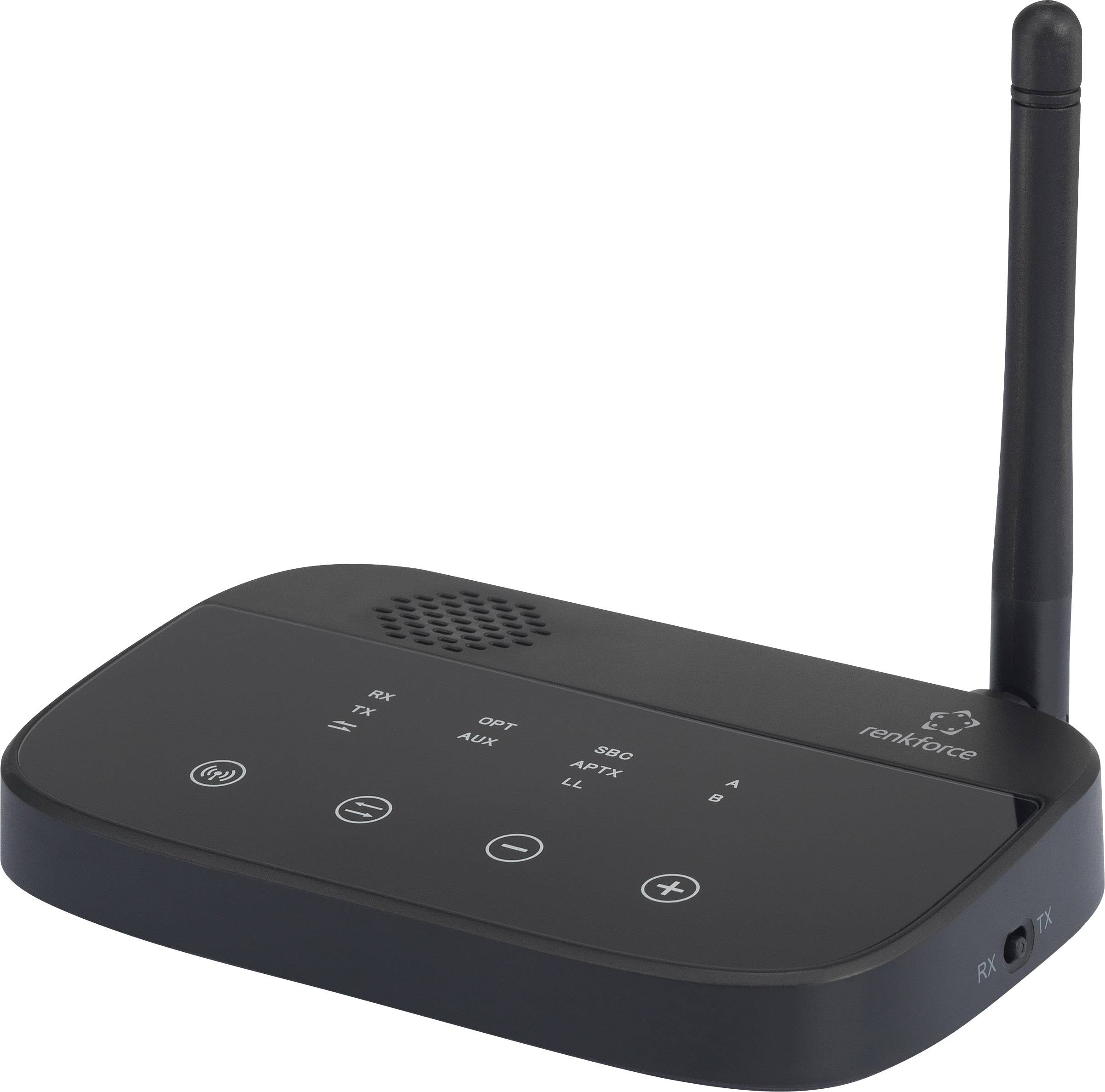 Černý Bluetooth adaptér s anténou. Přední strana s tlačítky pro zapnutí/vypnutí, přehrávání a hlasitost. Označení 'Renkforce'.