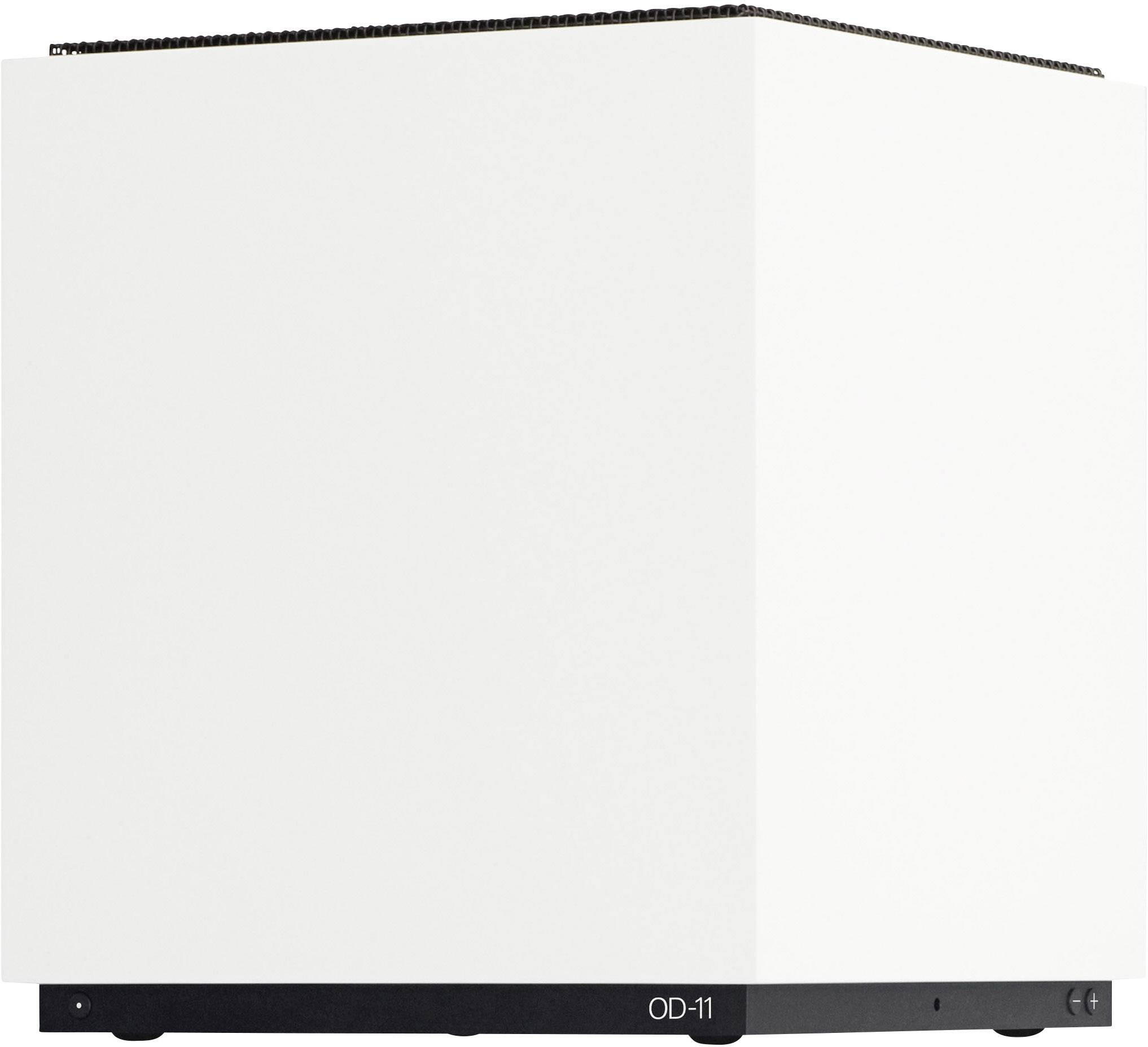 Bílý reproduktor ve tvaru krychle s černou základnou. Na základně je nápis 'OD-11'. Design je minimalistický a moderní.