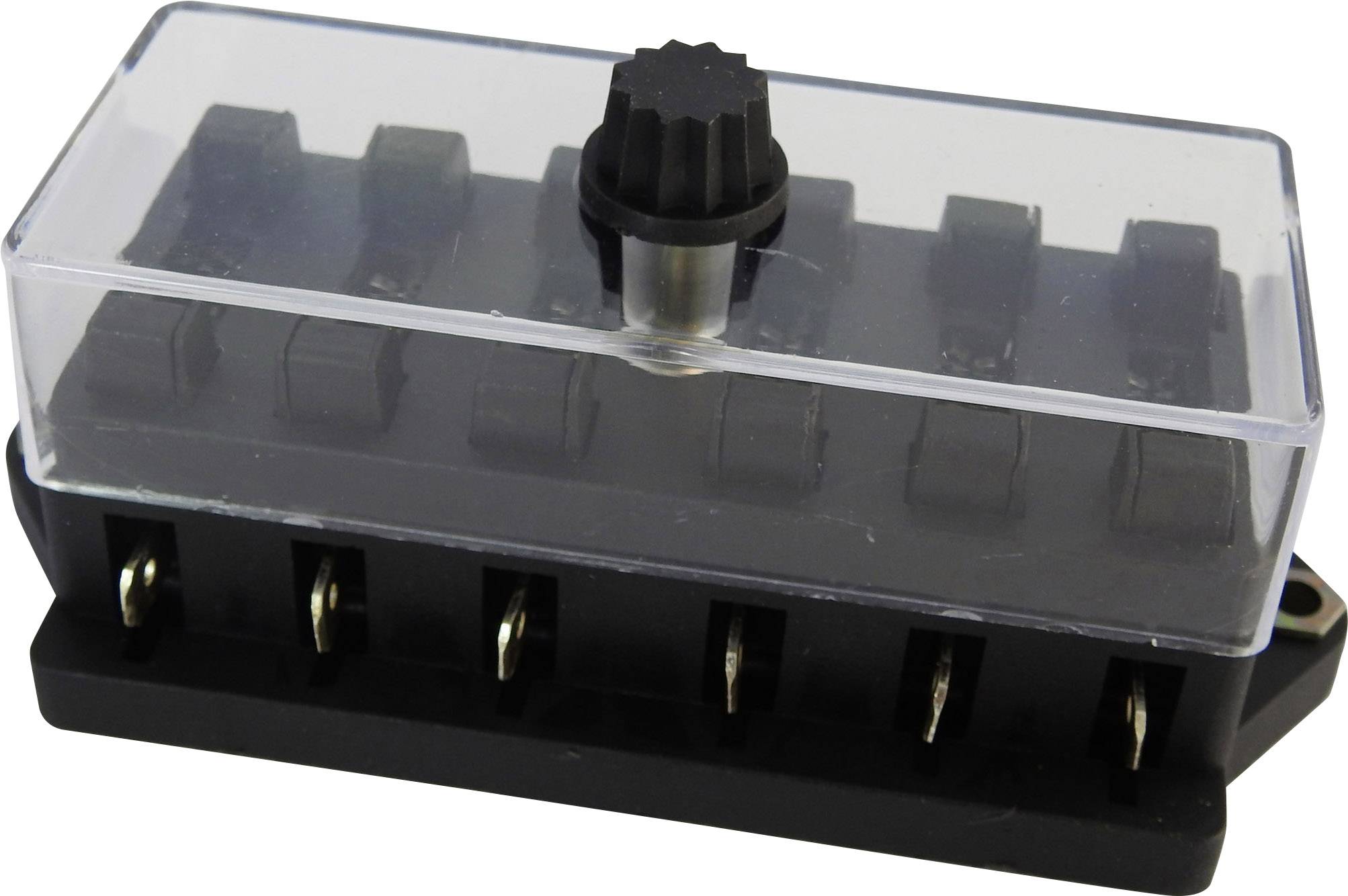 Černý pojistkový držák s průhledným krytem a otočným knoflíkem pro jištění několika elektrických obvodů.
