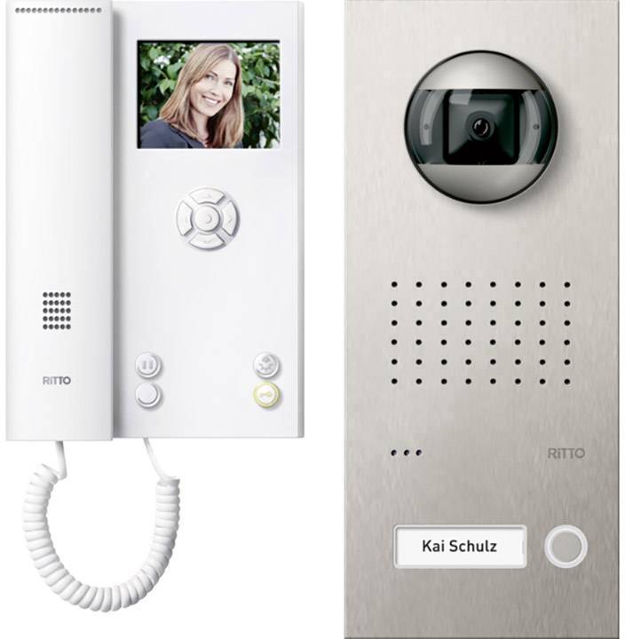 Videotelefon s obrazovkou zobrazuje obrázek usměvavé osoby. Na pravé straně je dveřní kamera s názvem 'Kai Schulz'.