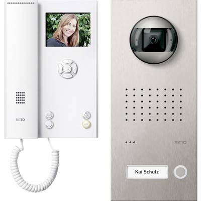 Videotelefon s obrazovkou zobrazuje obrázek usměvavé osoby. Na pravé straně je dveřní kamera s názvem 'Kai Schulz'.