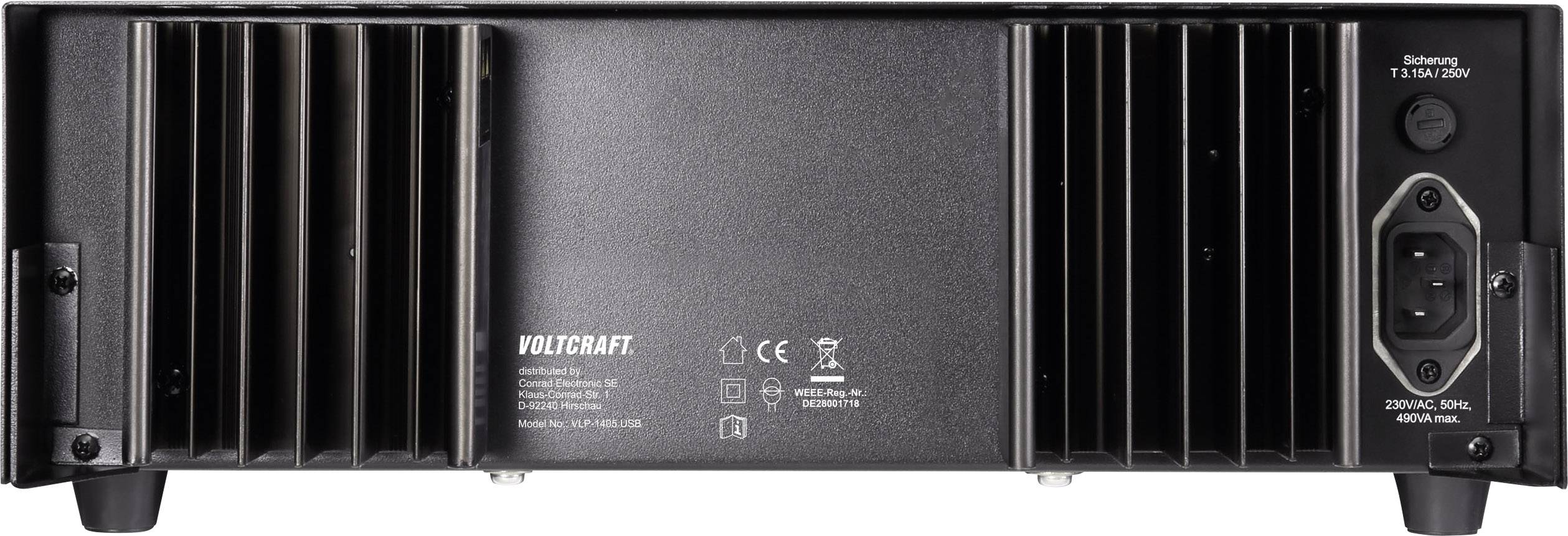 Pohled zezadu na zařízení Voltcraft. Jsou viditelné větrací štěrbiny vlevo a vpravo, dále napájecí konektor a štítky.