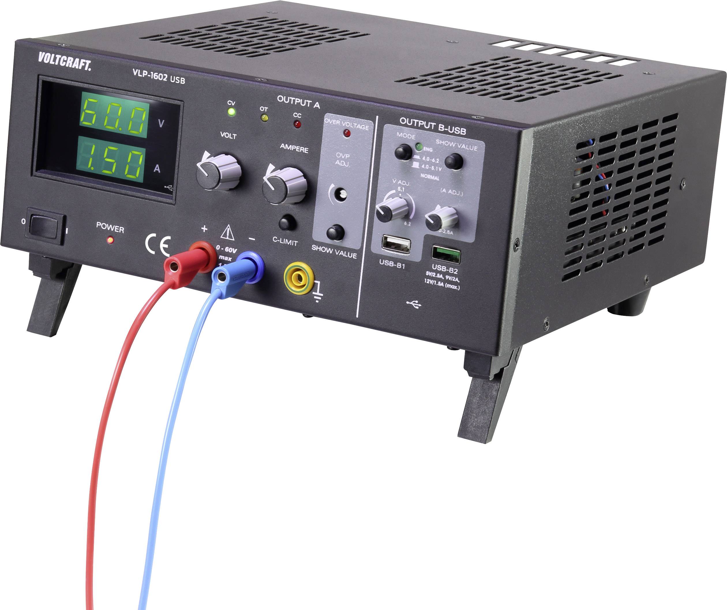 Laboratorní zdroj 'Voltcraft', model VLP-1602 USB, zobrazuje digitální displej s 60,0 volty a 1,50 ampéry. Svorky a otočný regulátor jsou viditelné.