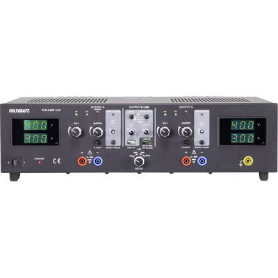 'VOLTCRAFT VLP-2403 USB' laboratorní napájecí zdroj se třemi výstupy a digitálními displeji pro napětí (V) a proudovou intenzitu (A).