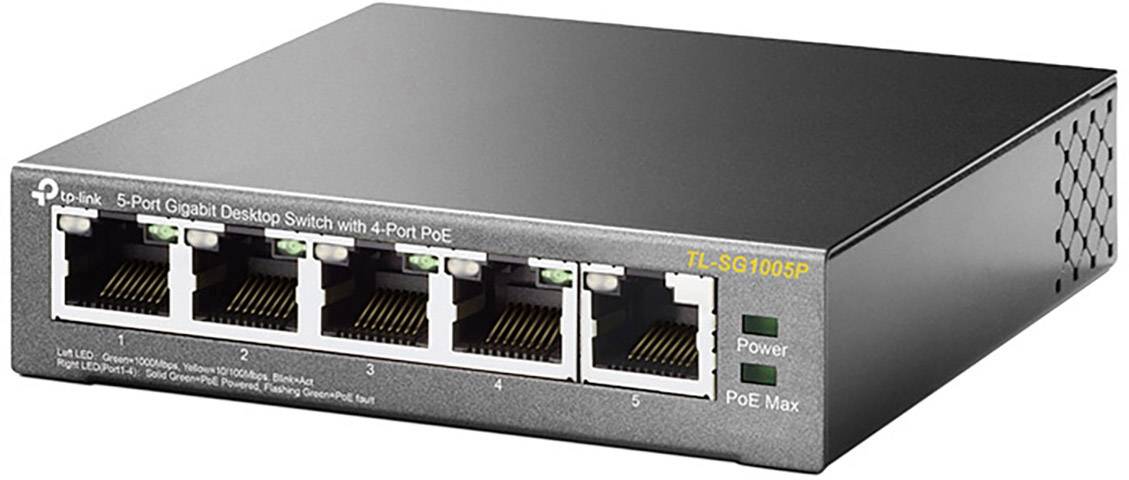 Pětoportový gigabitový desktopový switch od TP-Linku se čtyřmi PoE porty. Přední strana ukazuje síťové konektory a stavové indikátory.