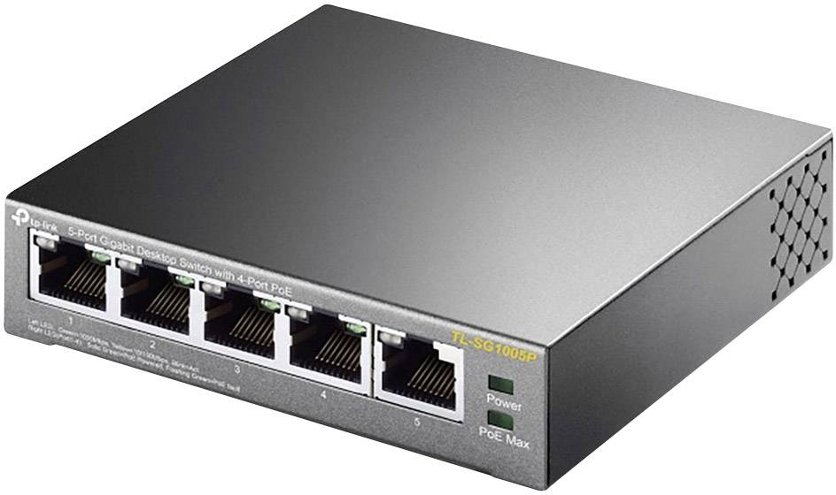 5portový gigabitový stolní switch se 4 PoE porty. Stříbrné šasi, LED indikátory pro napájení a PoE Max, firemní logo v levém horním rohu.
