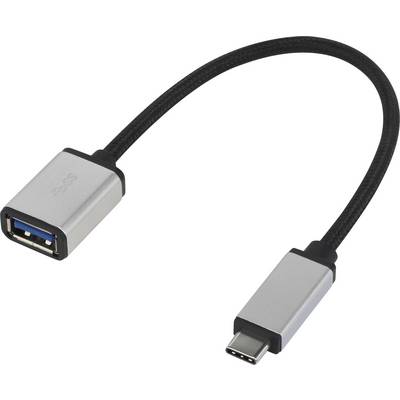 Adaptační kabel USB-A na USB-C, černostříbrný, délka cca 20 cm, umožňuje propojení mezi zařízeními s USB-A a USB-C konektory.