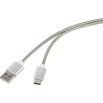 Kovový kabel s USB a USB-C konektory, vhodný pro přenos dat a nabíjení elektronických zařízení.