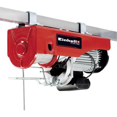 Elektrický lanový naviják Einhell v červené barvě, namontovaný na kovové traverze, určený pro vertikální zvedací a tažné práce.