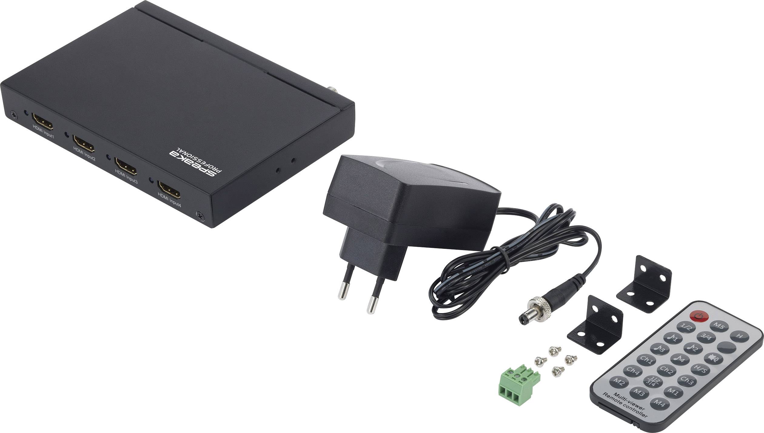 HDMI rozbočovač s napájecím adaptérem, dálkovým ovládáním a upevňovacími prvky, vhodný pro distribuci HDMI signálu do několika zařízení.