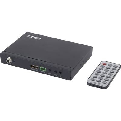 Černé elektronické zařízení s HDMI připojením a dálkovým ovladačem. Používá se pro videopřenos nebo ovládání médií.