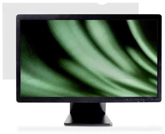 Počítačový monitor s zeleným abstraktním vzorem. Monitor je umístěn před bílým pozadím.