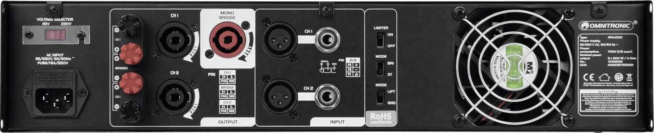 Omnitronic XPA-1000 PA zesilovač Výkon RMS na kanál při odporu 4 ohmy: 500 W-1