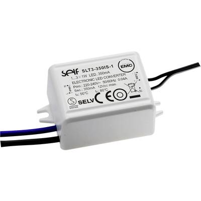 Obdélníkový elektronický LED konvertor, model 'SLT3-350IS-1', s přípojkami a označením CE, určený pro přeměnu elektrického proudu pro LED diody.
