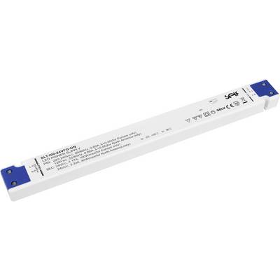 LED driver BLT100-24VF-UN, úzký, bílý, s modrými koncovkami. Obsahuje technické specifikace a certifikační symboly.