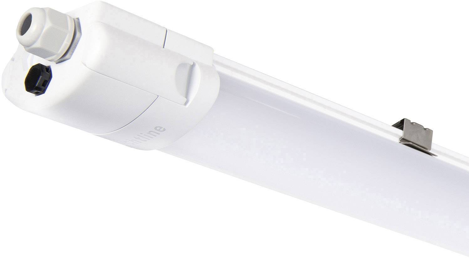 Bílá LED zářivka s připojením a upevňovací svorkou, vhodná pro průmyslové osvětlení.