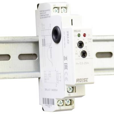 Elektronické ochranné relé, model PR-1-52, namontované na DIN liště. Zobrazuje technické detaily a připojení.
