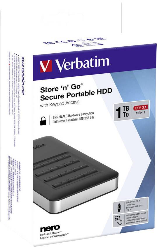 Externí pevný disk Verbatim 'Store 'n' Go' s 1 TB úložným prostorem, USB 3.1, hardwarově šifrovaný 256bitovým AES, obrázek balení.