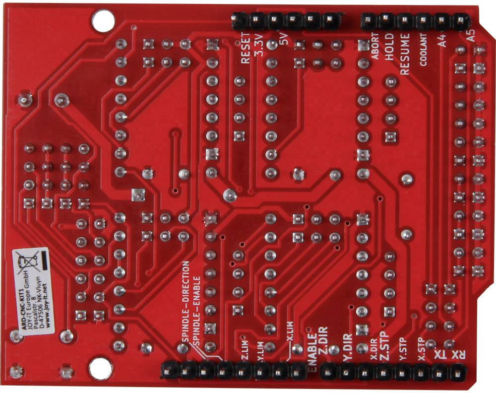 Červená deska plošných spojů se stříbrnými elektrickými spoji a černými popisy komponent. Hlavní připojení a funkce jsou označeny.