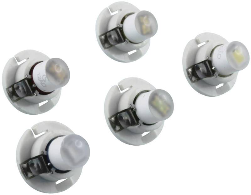 Pět bílých objímek LED lamp s připevněnými čirými LEDs, rozmístěných v pravidelných rozestupech, před bílým pozadím.