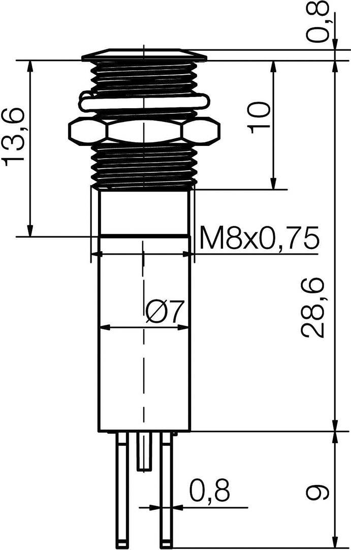 Výkres rozměrů válcového konektoru. Výška 28,6 mm, průměr 7 mm, závit M8x0,75, celková délka 42,2 mm.