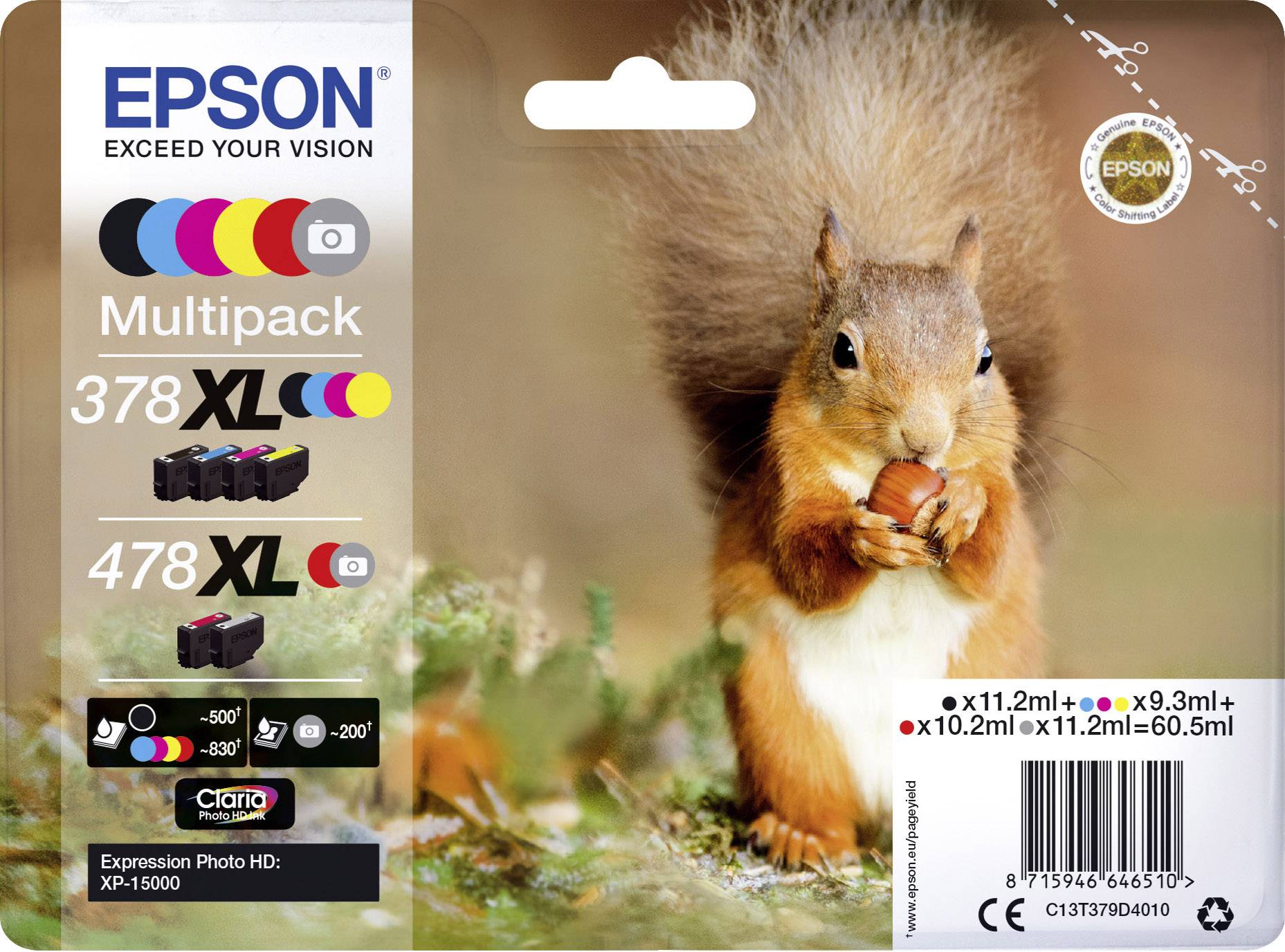 Veverka drží ořech před rozostřeným pozadím. Vlevo informace o produktu pro multipack inkoustových kazet Epson, modely 378 XL a 478 XL.