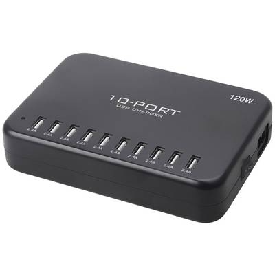 Černá 10-portová USB nabíječka s výkonem 120 W. Každý port dodává 2,4 A.