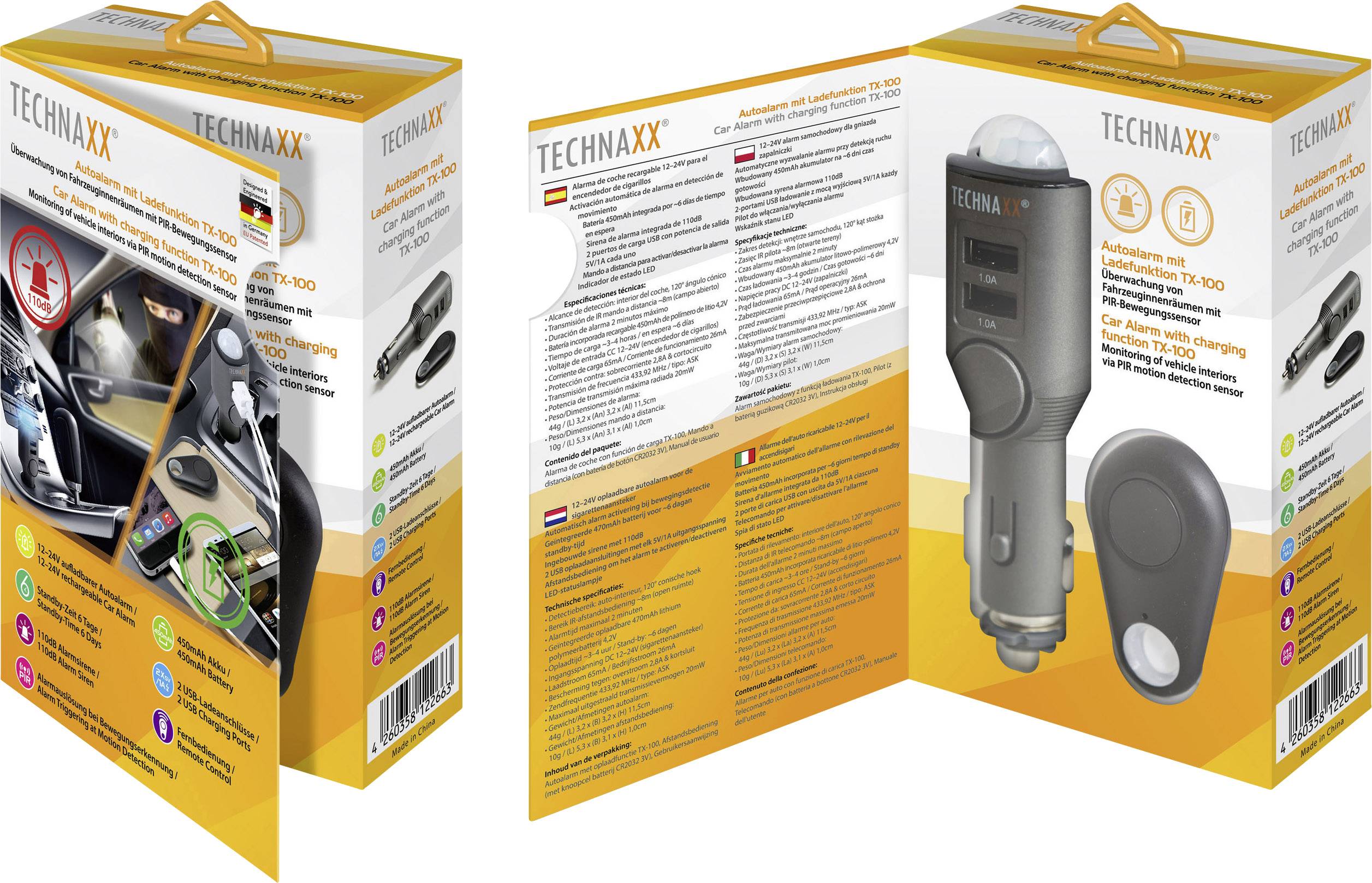 Balení Technaxx automobilové zásuvky s USB nabíjecí funkcí a FM transmiterem. Zobrazuje vlastnosti produktu, příklady použití a technické parametry.