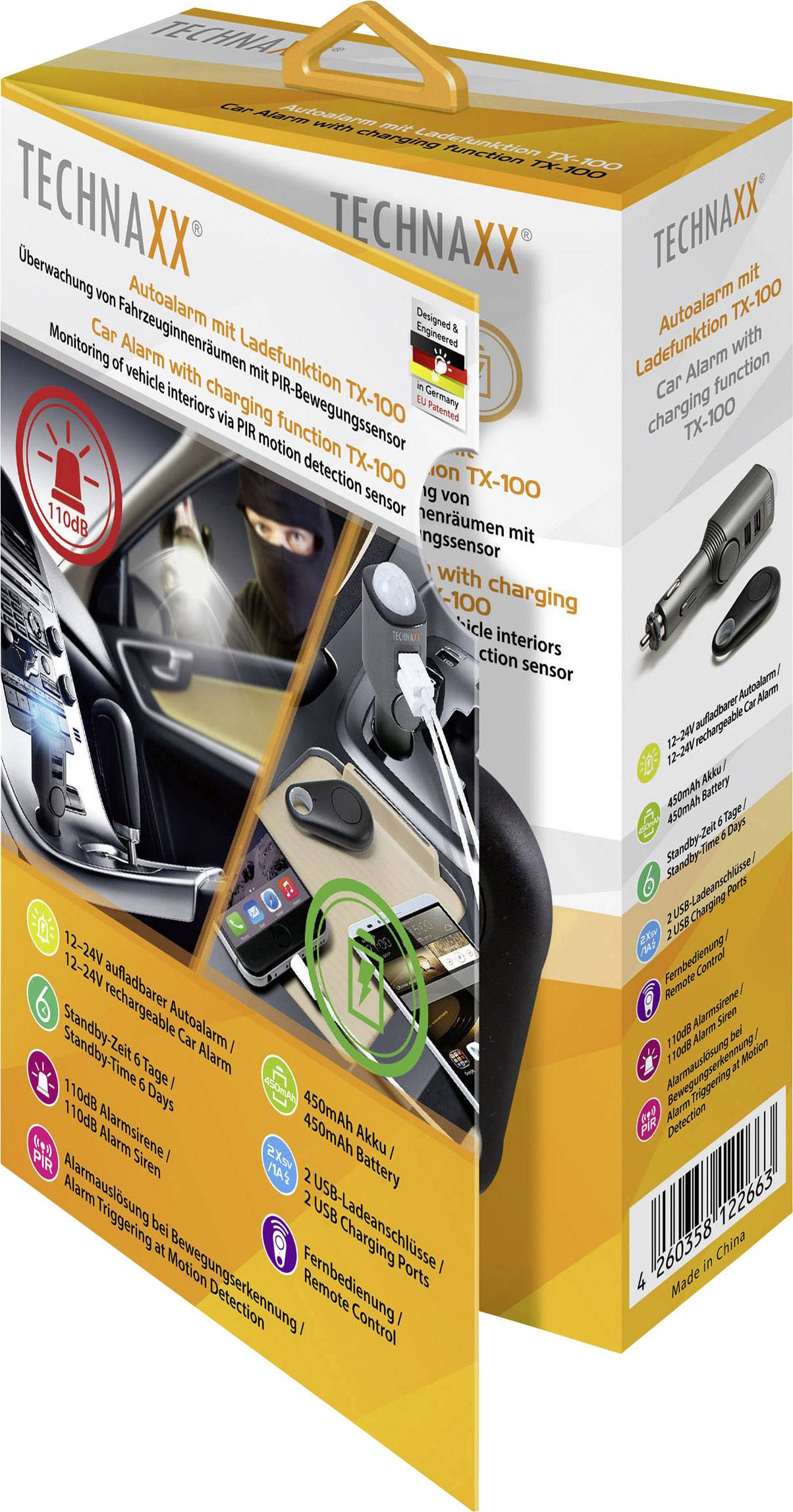 Obal adaptéru autoalarmu Technaxx s nabíjecí funkcí TX-100, zobrazující ochranu před krádeží pomocí pohybového senzoru, ilustrace v automobilu.